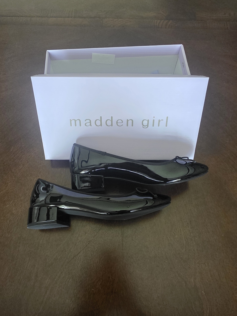 Madden Girl Black Patent Ballet Midi Heel with Bow Detail